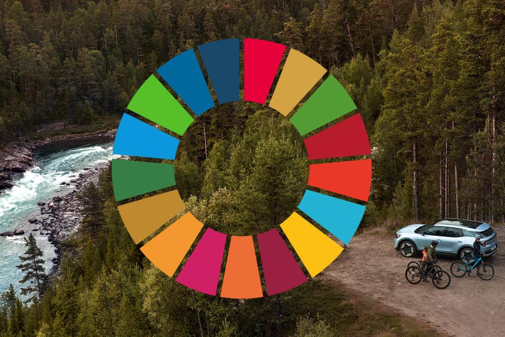 Ford Explorer parcat într-un parc natural, cu logoul Națiunilor Unite privind obiectivele dezvoltării sustenabile - SDG.