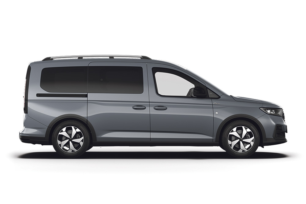 O furgoneta hibridă Ford Tourneo Connect de culoare albastră.