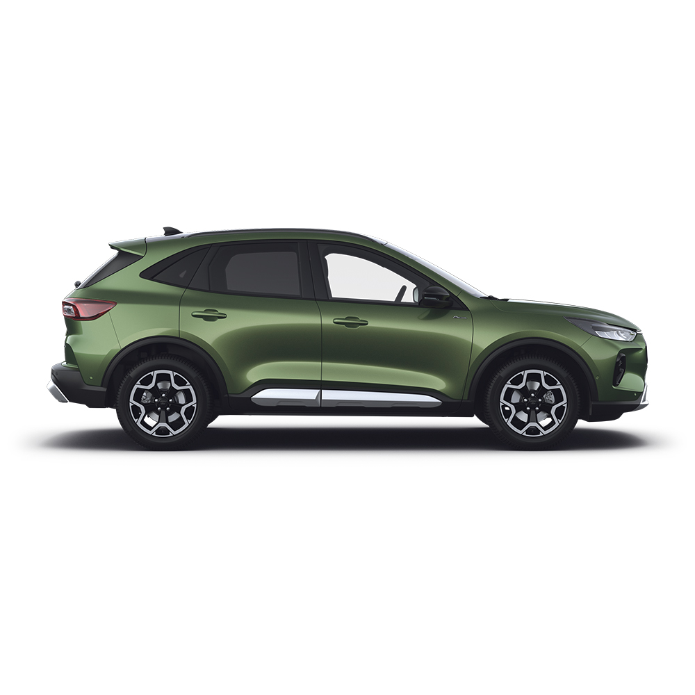 O mașină hibridă Ford Kuga verde cu încărcare automată.