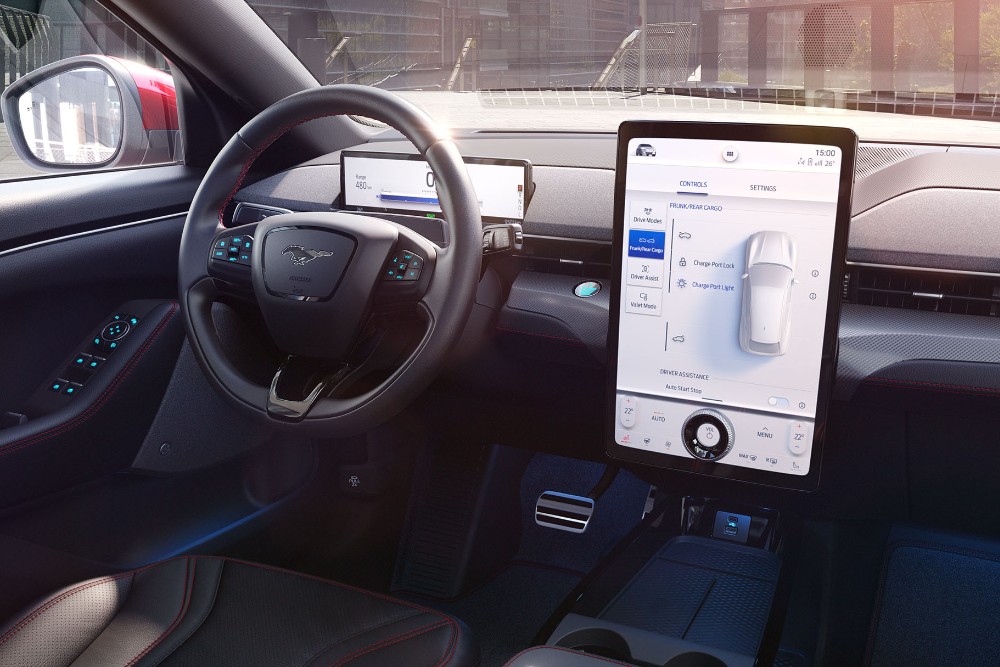 All-New Ford Mustang Mach-E interior with steering wheel and Next Generation Ford SYNC screen