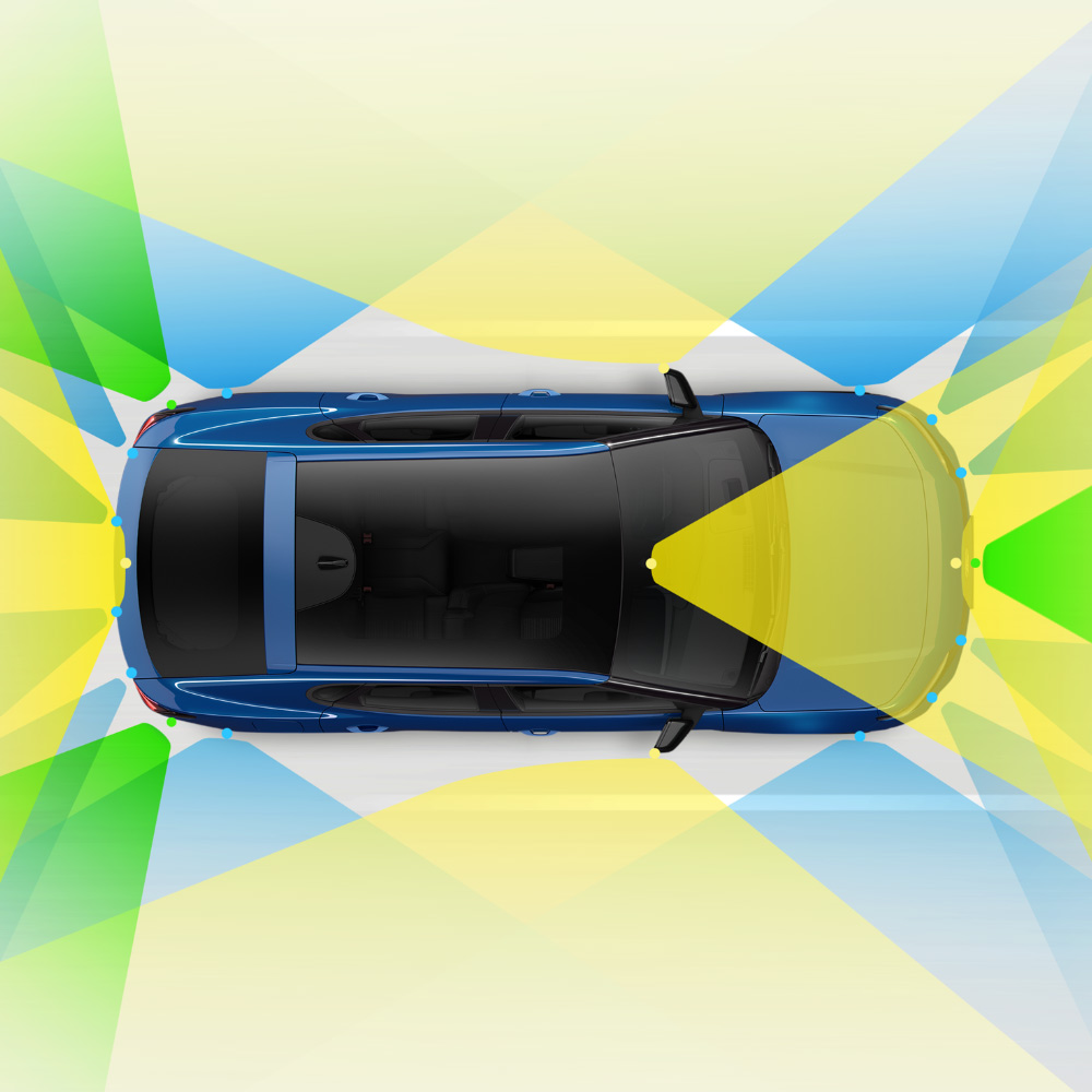 O imagine grafică a modelului Ford Capri® văzut de sus, cu zone colorate în verde, albastru și galben și care ilustrează caracteristicile de asistență a șoferului.