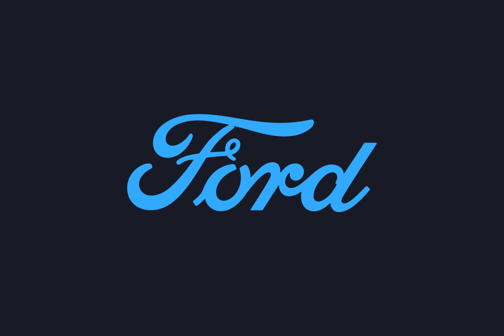 Logo albastru Ford de tip text pe fundal întunecat.