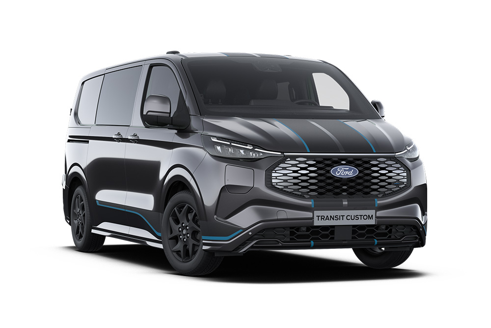 Ford E-Transit Custom Sport gri închis, cu cabină dublă, vedere frontală.
