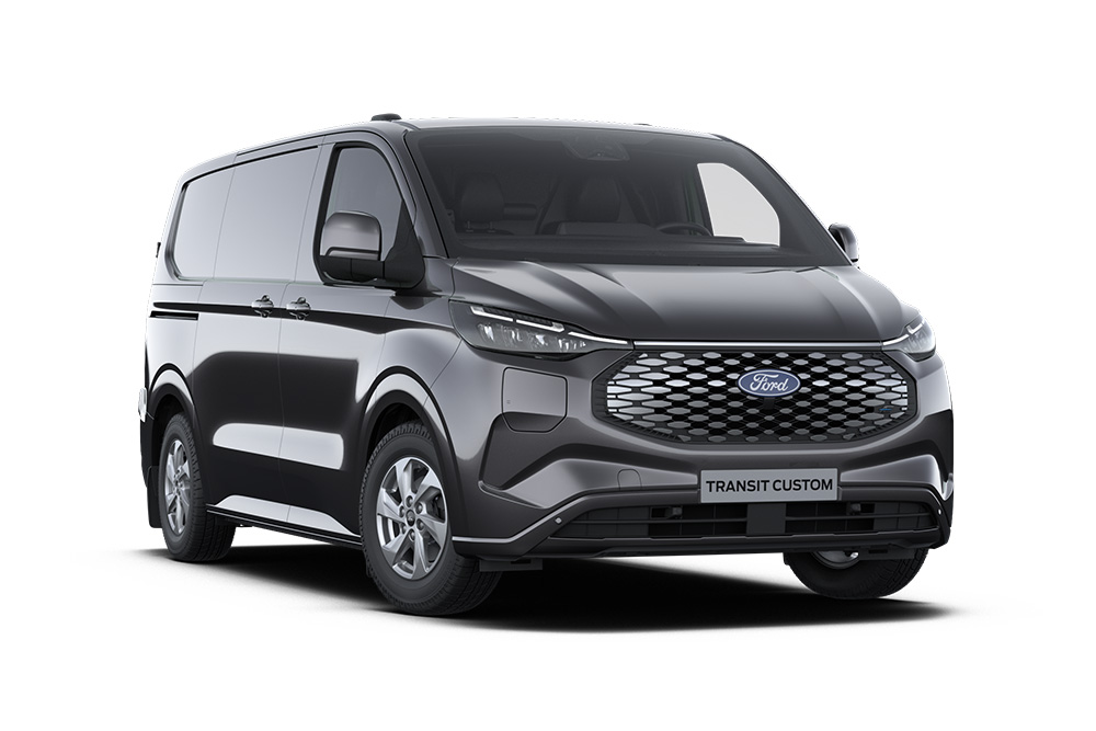 Furgon Ford E-Transit Custom Limited culoare Dark Gray, vedere frontală.