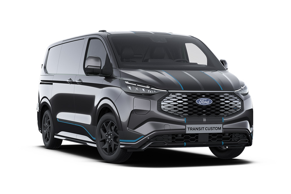 Furgon Ford E-Transit Custom Sport Dark Gray, vedere frontală.