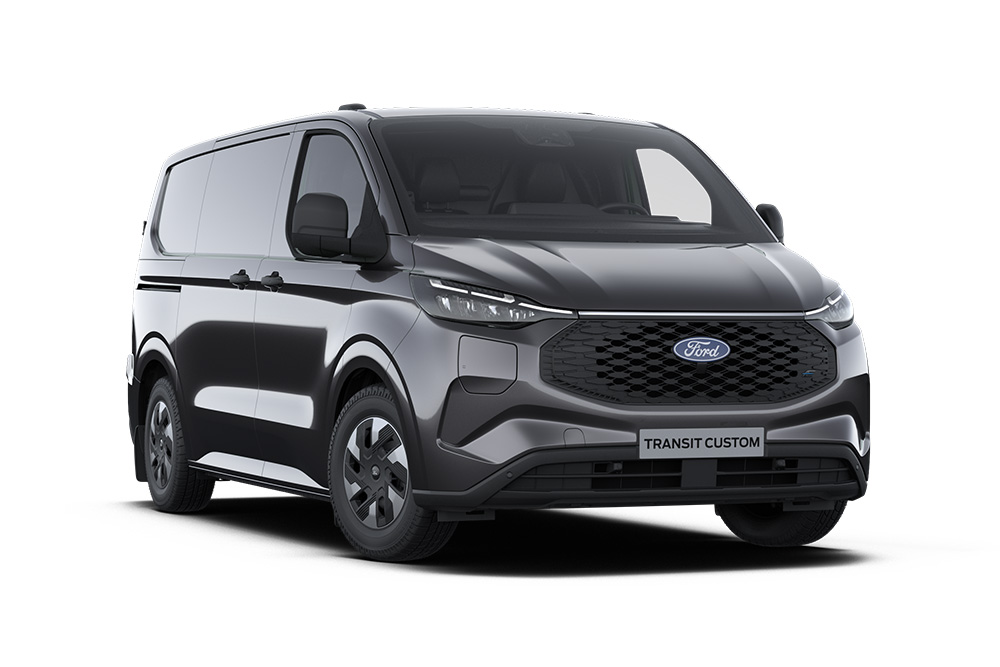 Furgon Ford E-Transit Custom Trend culoare Dark Gray, vedere frontală.