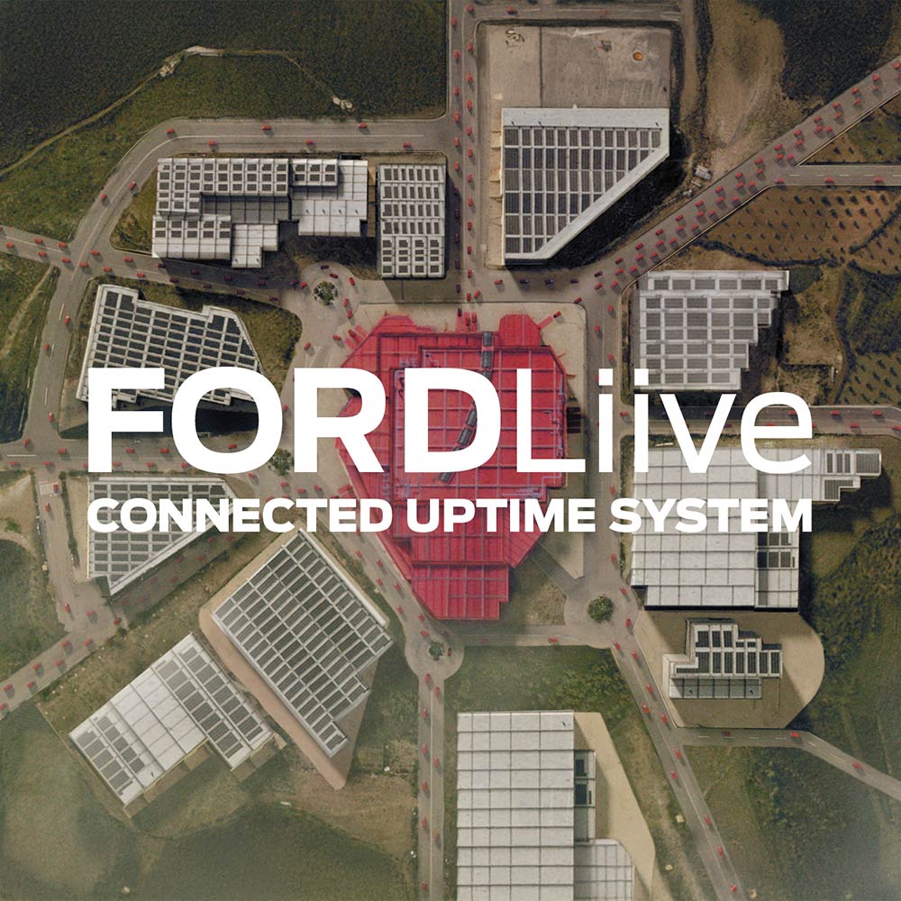 Vedere aeriană a unui complex de clădiri cu sigla FORDLiive.
