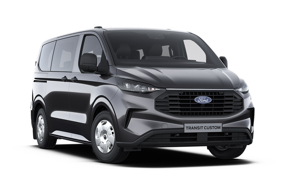 Vedere din față-stânga a unui Ford Transit Custom Kombi Trend gri închis pe un fundal alb.