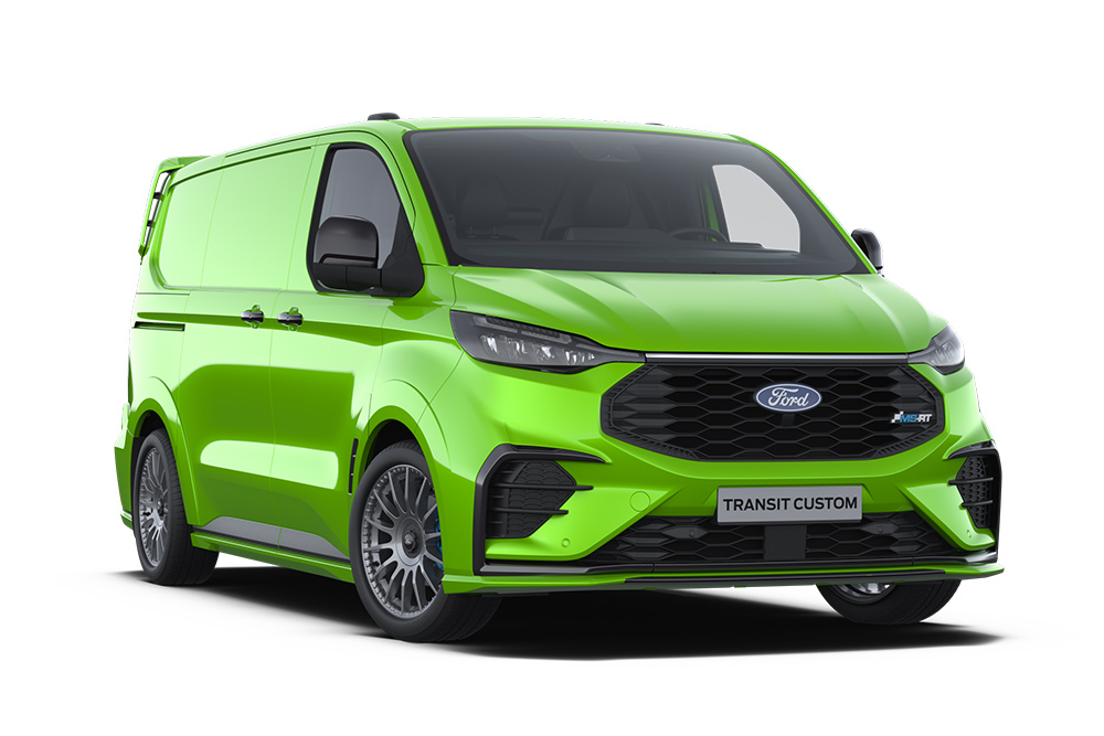 Front left angle of a green MS-RT Ford Transit Custom van on a white background.